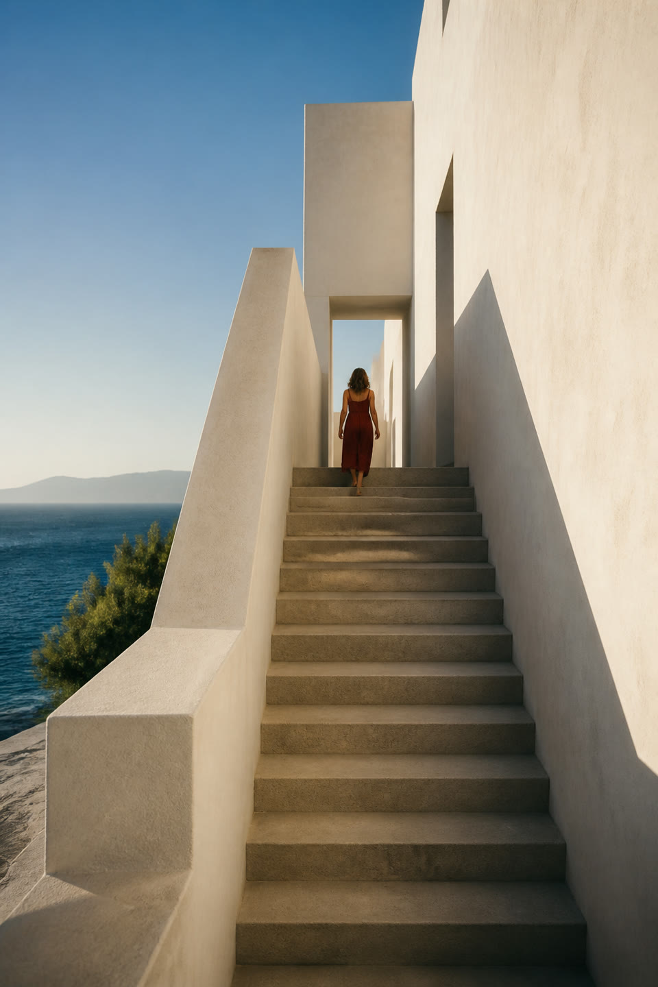 A person in red ascending a sunlit coastal stairway