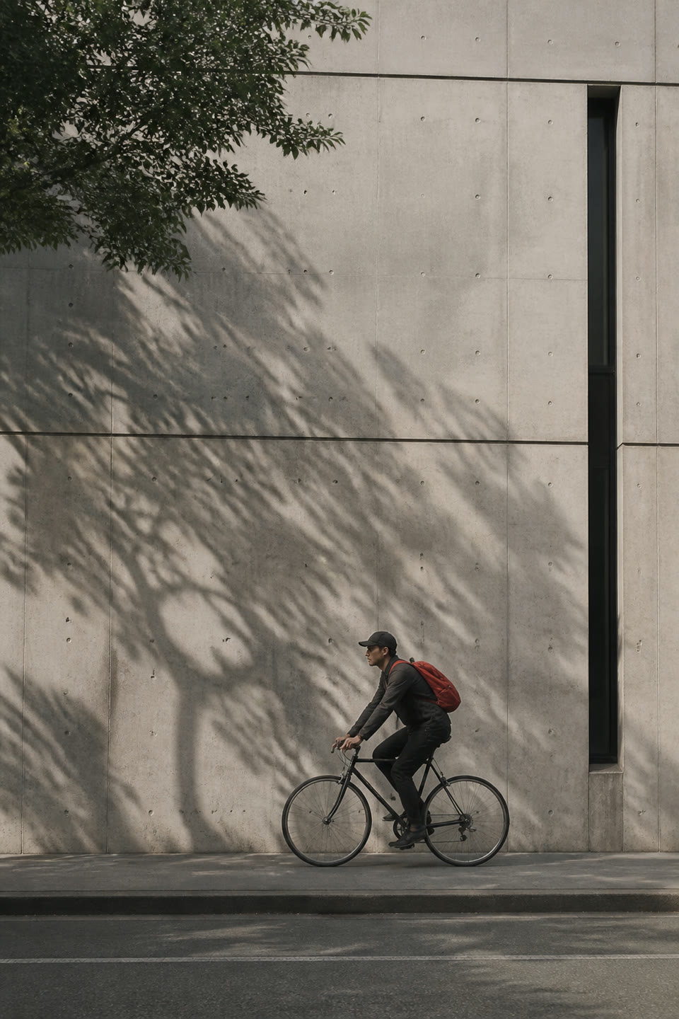 A cyclist passing a concrete wall beneath soft tree shadows