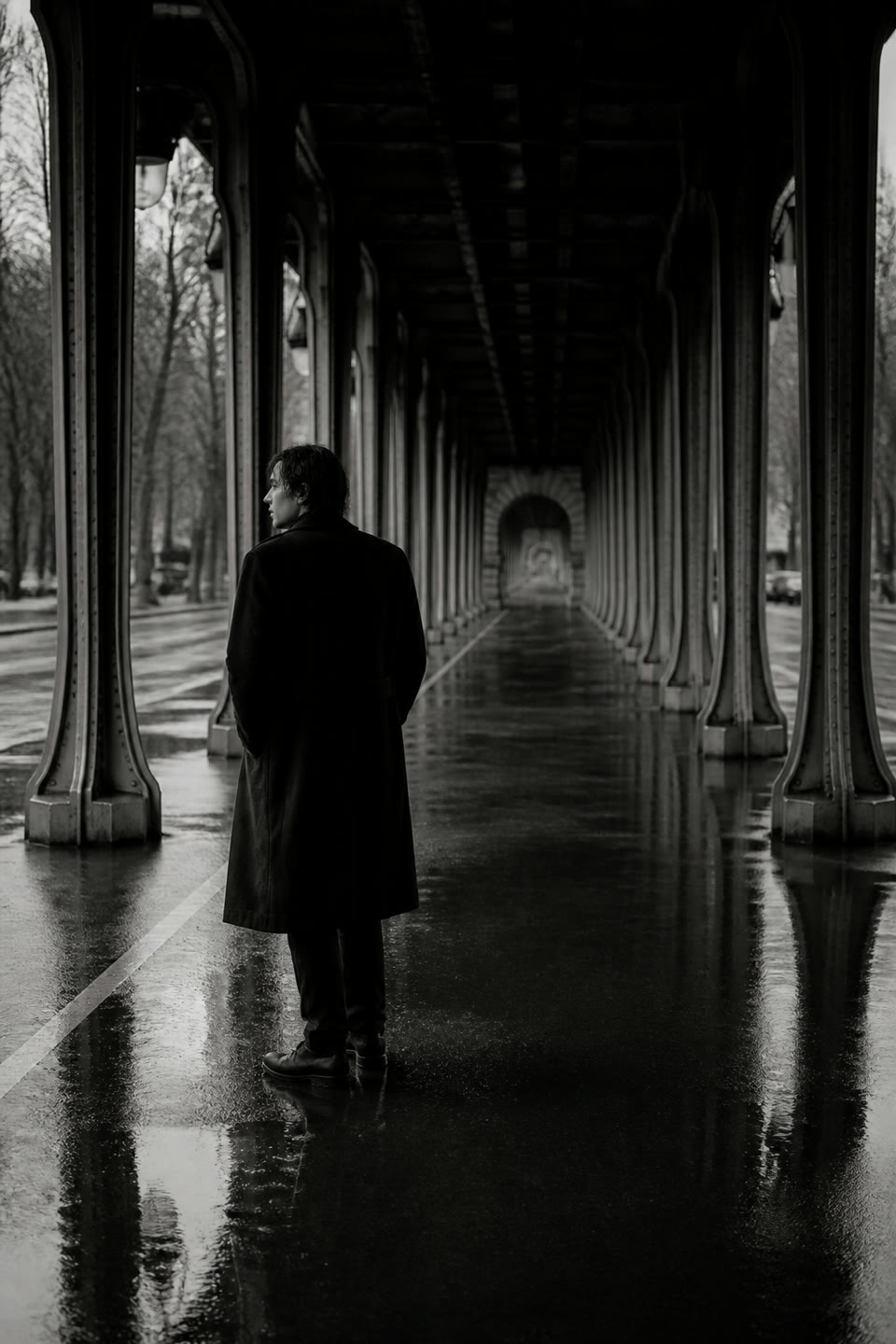 A solitary figure standing beneath a rain-darkened railway overpass